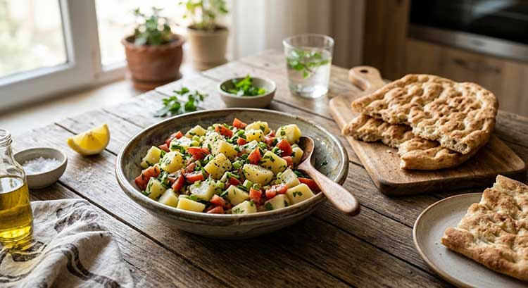 تغذیه نان و سالاد سیبزمینی و گوجه
