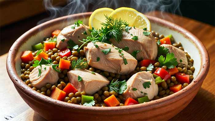 استانبولی مرغ و عدس سبز با سبزیجات تازه و رنگارنگ (سالم، فیبردار و جذاب برای چشم)